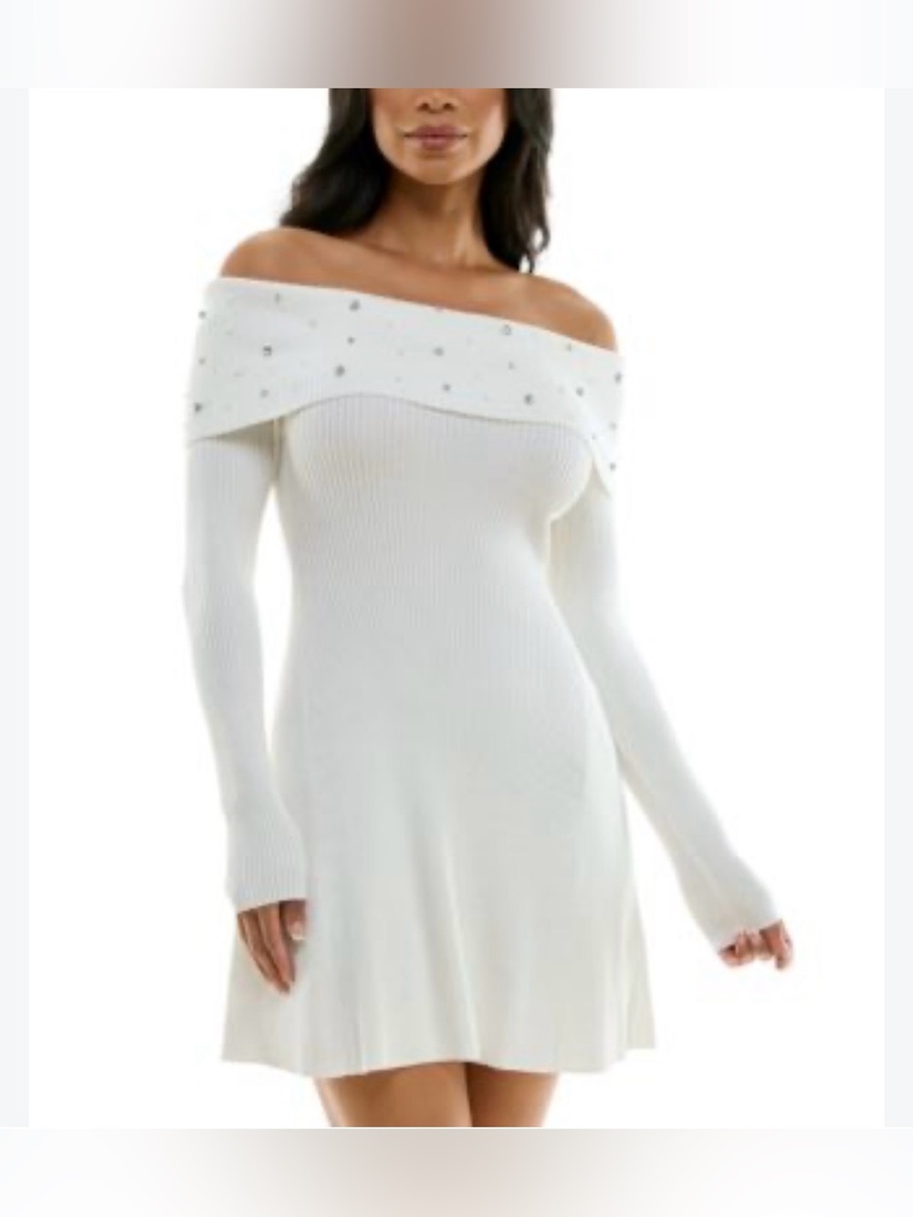 BCX White Off-Shoulder Ribbed Mini Dress with Embellished Foldover NWT size XL
